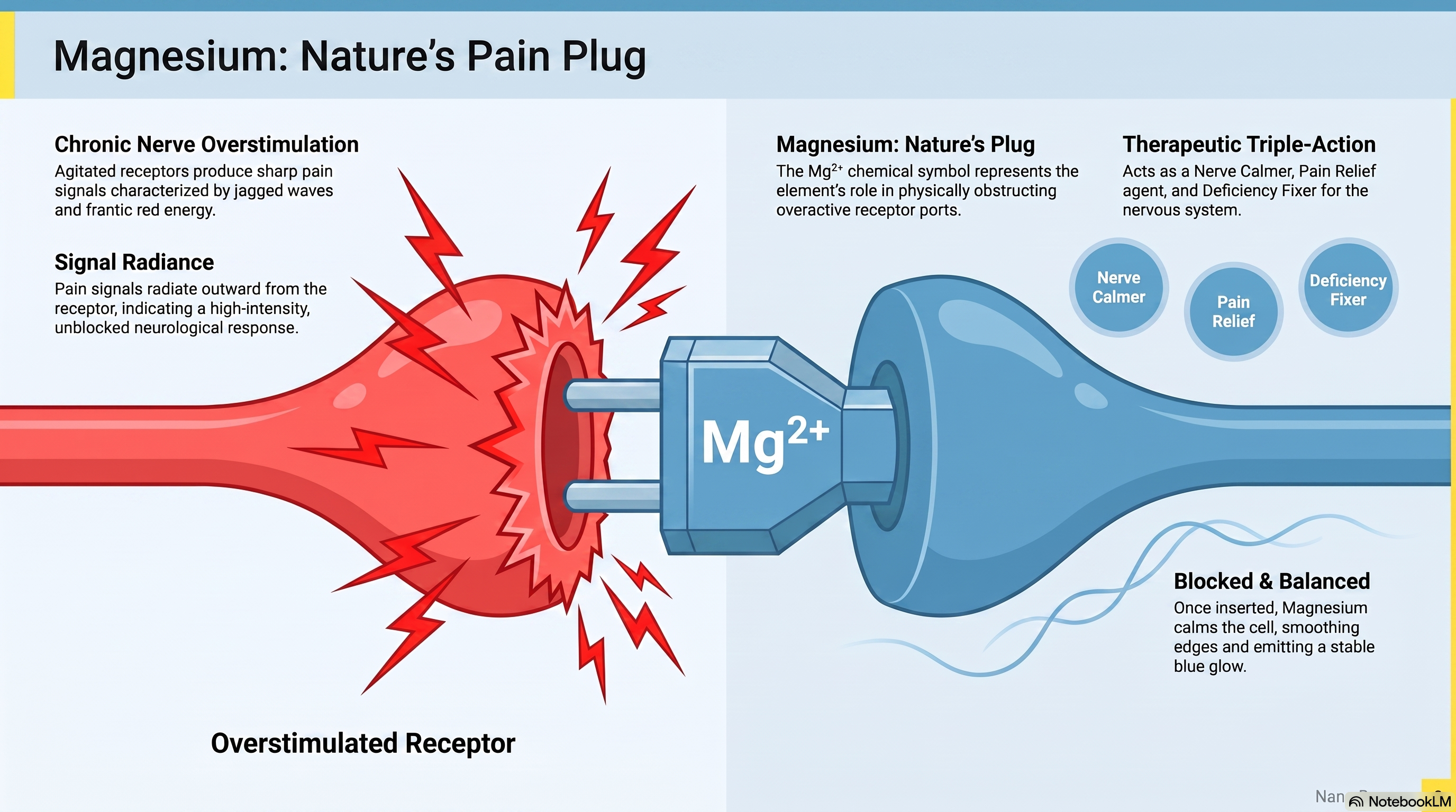 Infographic showing a broken red nerve on the left and a blue Mg2+ plug on the right, illustrating magnesium blocking pain signals.